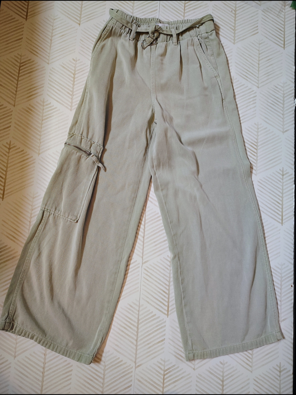 Zara Kids Sage Green Wide Leg Cargo Pants - Size 13-14 Years - Zipper Detail